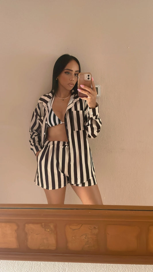 Black and taupe stripe set